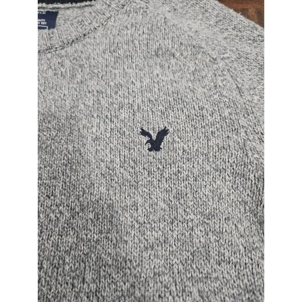 American Eagle Men’s Sweater L Gray Crewneck Elbow Patch Preppy Classic